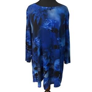 Clara Sun Woo‎ Blue Floral Print Tunic Top Long Sleeve Asymmetric Hem Stretch SM
